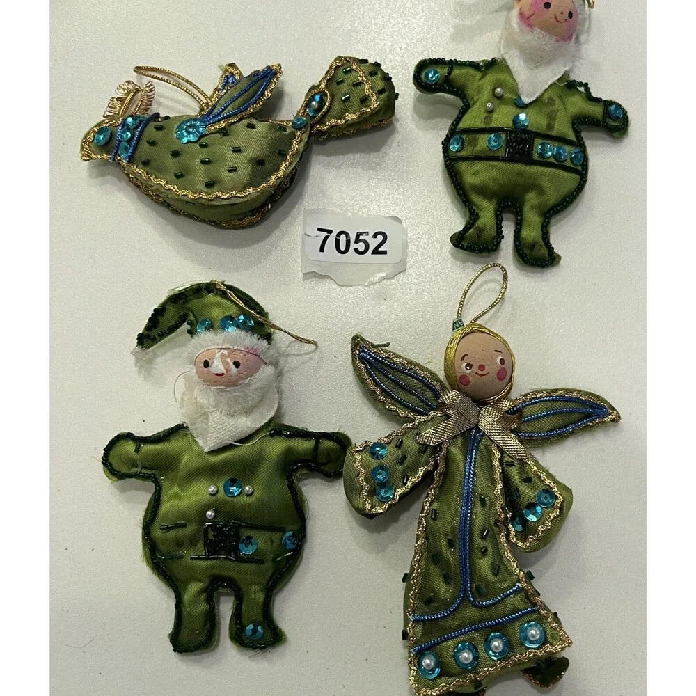 4 Christmas Ornament Vintage Japan Cloth Green Satin Elf Santa Sequin handmade